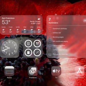 A smartphone home screen, styled like iPadOS 26, displays weather, clock, and reminders widgets over a red flower background. App icons include Notes, Freeform, TV, and App Store at the bottom.