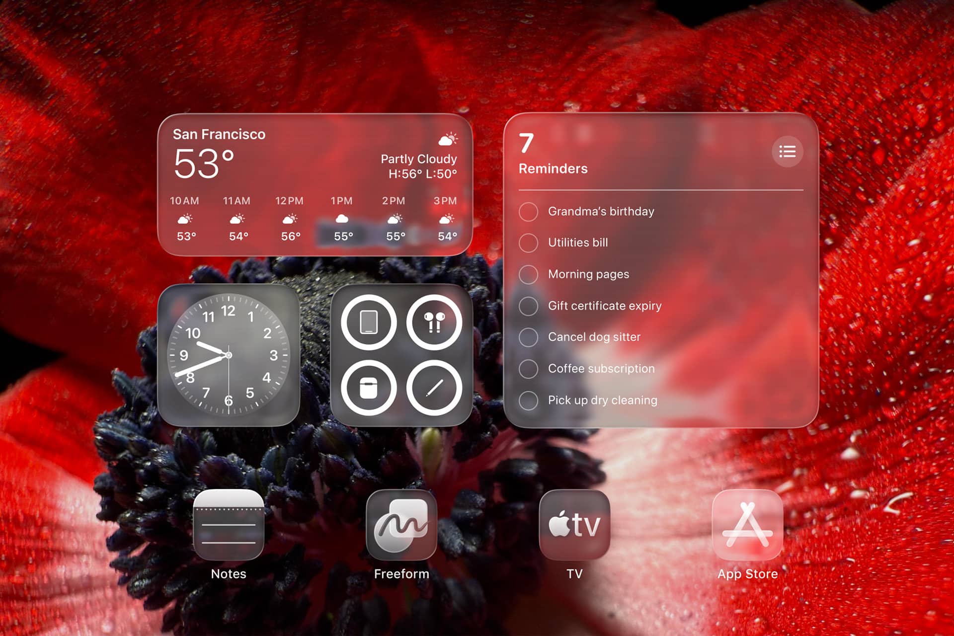 A smartphone home screen, styled like iPadOS 26, displays weather, clock, and reminders widgets over a red flower background. App icons include Notes, Freeform, TV, and App Store at the bottom.