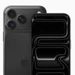 A black iPhone 17 Pro Black is shown from the back and front. The back displays three camera lenses, while the front screen is on with a black abstract pattern. The Apple logo appears in the bottom right corner.