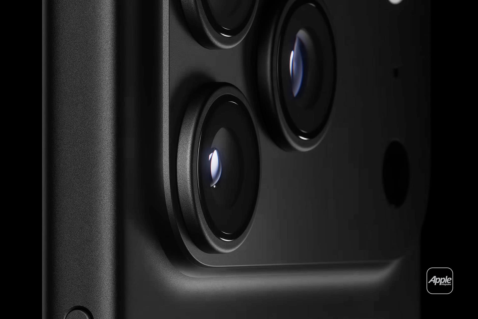 Close-up view of the iPhone 17 Pro Black’s triple-lens camera system, showing detailed lens surfaces and surrounding casing. The Apple logo appears in the lower right corner.