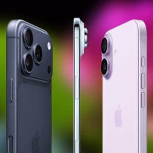 Three iPhones from the iPhone lineup 2026, including the new iphone 18e and iphone 18 pro, are shown in different colors from the back and side angles, highlighting their camera designs, side buttons, and a small Apple logo against a blurred colorful background.