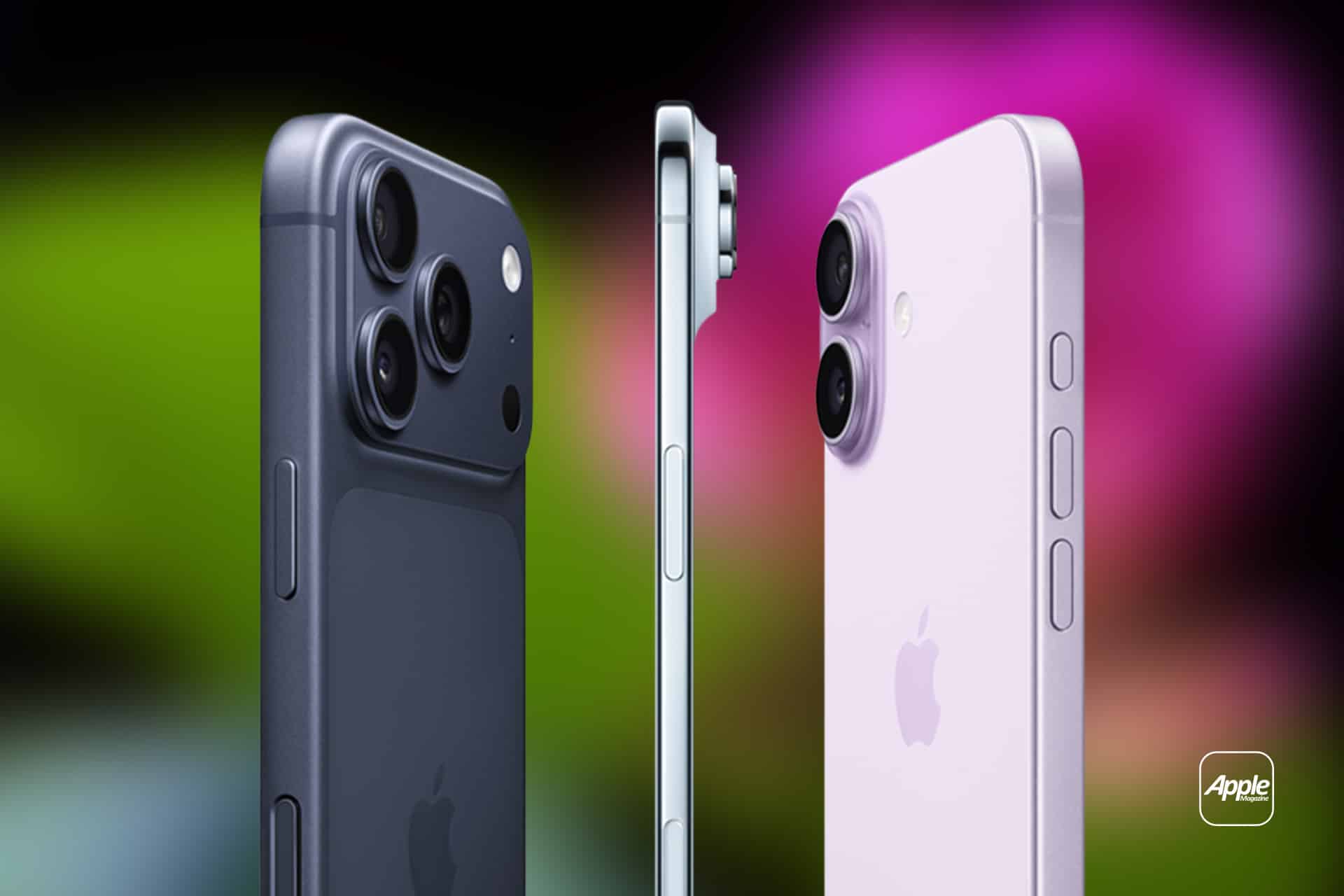 Three iPhones from the iPhone lineup 2026, including the new iphone 18e and iphone 18 pro, are shown in different colors from the back and side angles, highlighting their camera designs, side buttons, and a small Apple logo against a blurred colorful background.