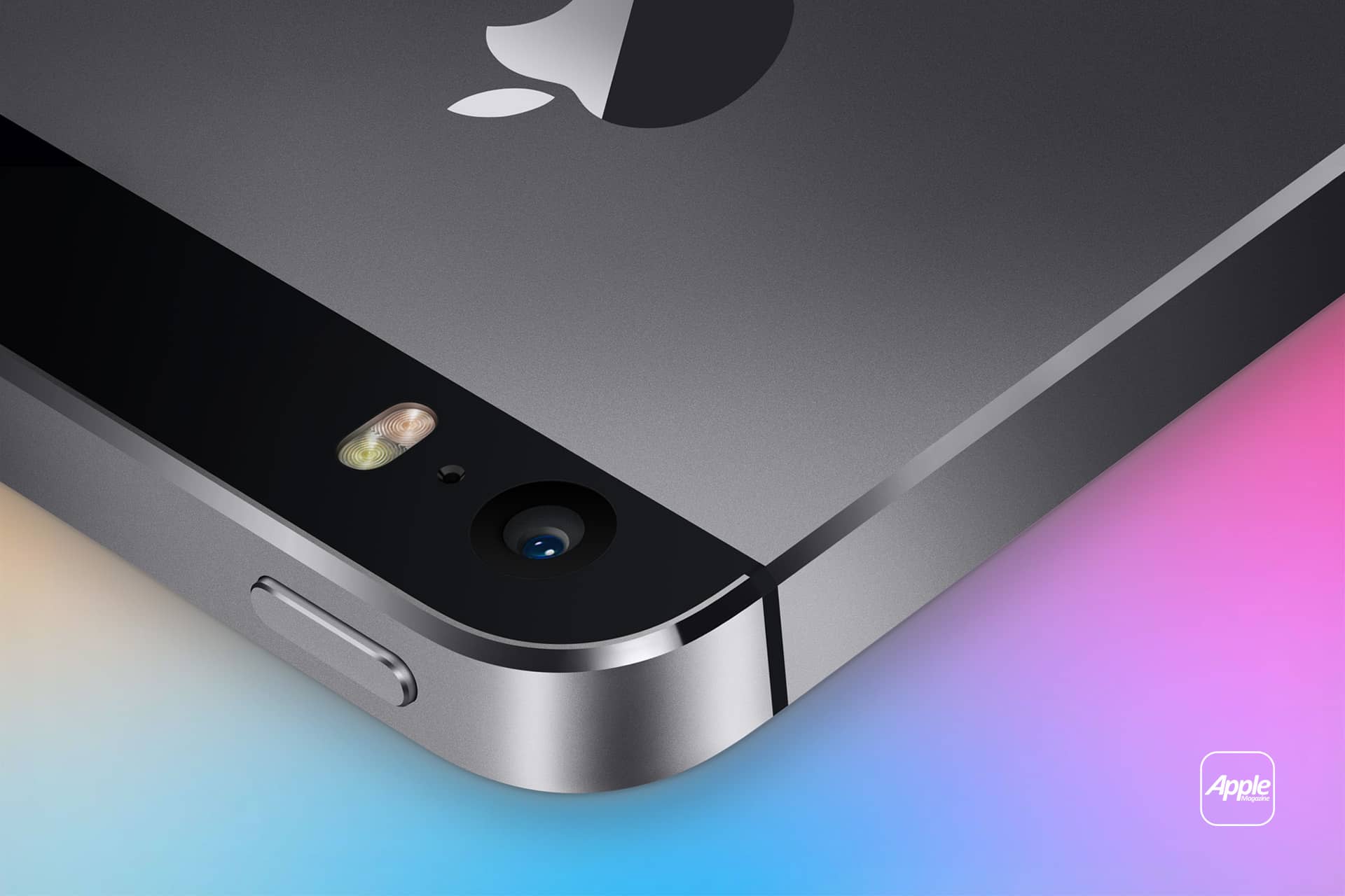 Close-up of the top back corner of a black iPhone old model, showing the camera, flash, and part of the Apple logo, with a colorful gradient background and a small white Apple logo in the lower right corner.