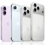 Four Apple smartphones in pastel purple and blue shades, and silver finishes, are shown standing upright. Two models have dual rear cameras, and two have triple rear cameras. The Apple logo is visible on each device.