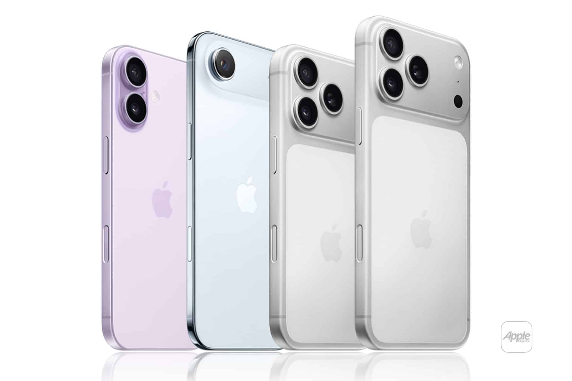 Four Apple smartphones in pastel purple and blue shades, and silver finishes, are shown standing upright. Two models have dual rear cameras, and two have triple rear cameras. The Apple logo is visible on each device.
