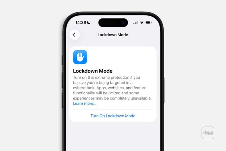 A smartphone screen displays the iPhone Lockdown settings page, describing an extreme protection mode for cyberattacks, with an option to "Turn On Lockdown Mode." The time on the phone is 14:38.