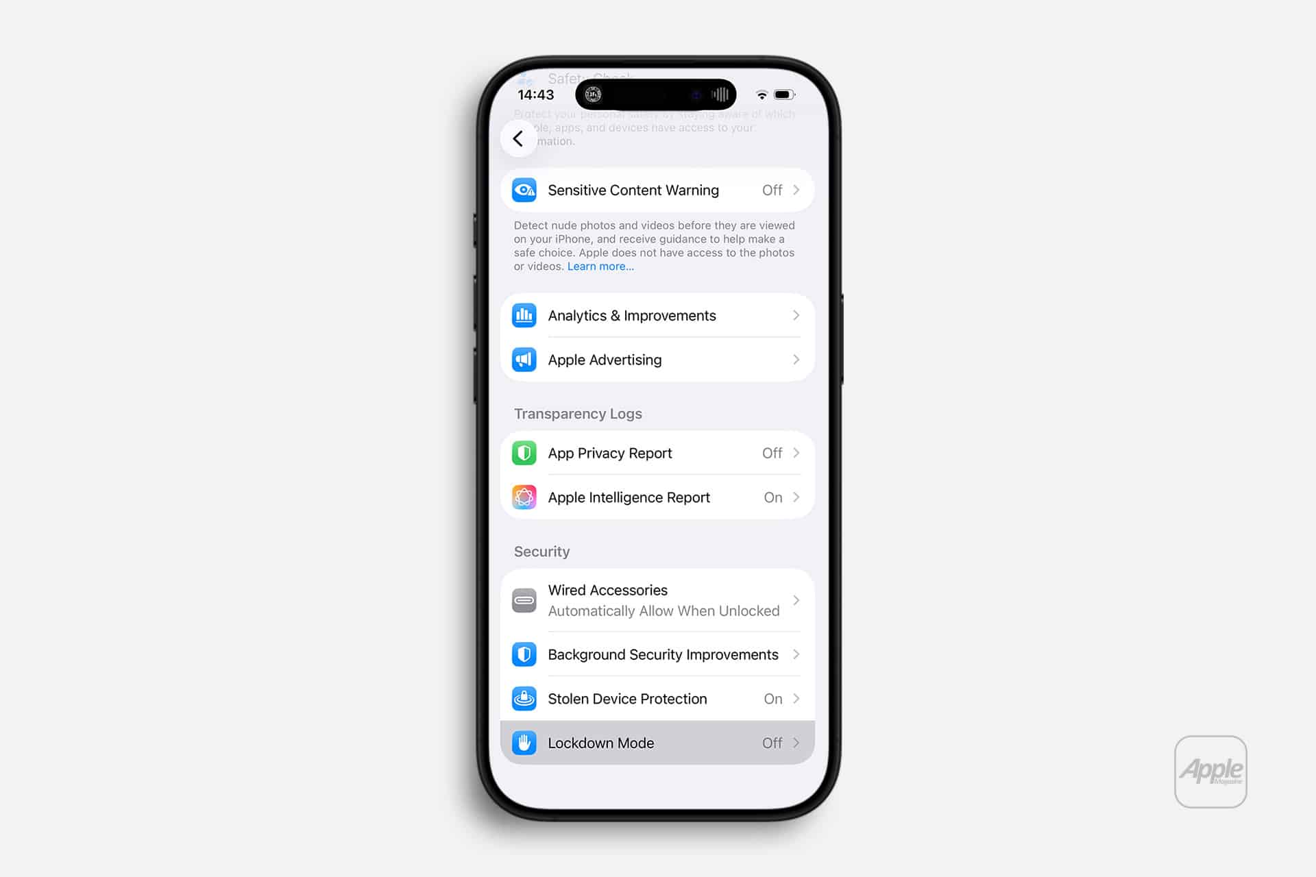 An iPhone displaying the Privacy & Security settings menu, featuring options like iPhone Lockdown Mode, Sensitive Content Warning, Analytics & Improvements, and App Privacy Report on a light gray background.