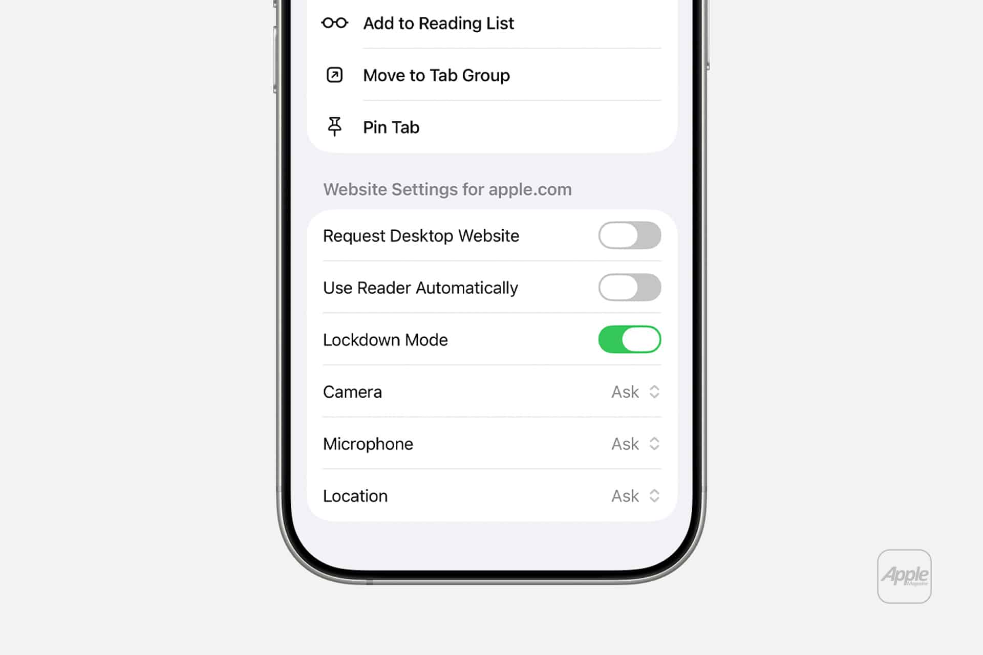 A smartphone screen displays website settings with iPhone Lockdown Mode switched on, while camera, microphone, and location options are set to “Ask.” Other features like “Request Desktop Website” remain turned off.