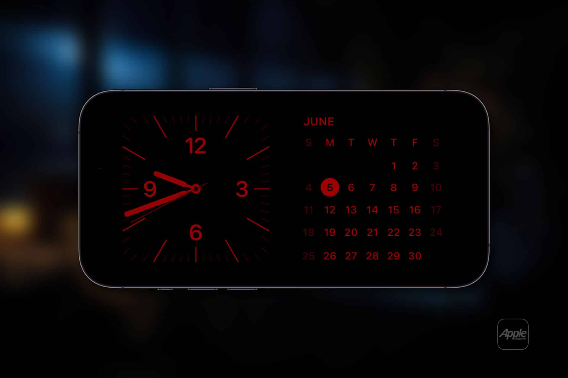 A smartphone screen displays an analog clock and a monthly calendar for June. The date June 5 is highlighted in red. The time on the clock shows 10:09. The background is dark, and the Apple logo is in the corner.
