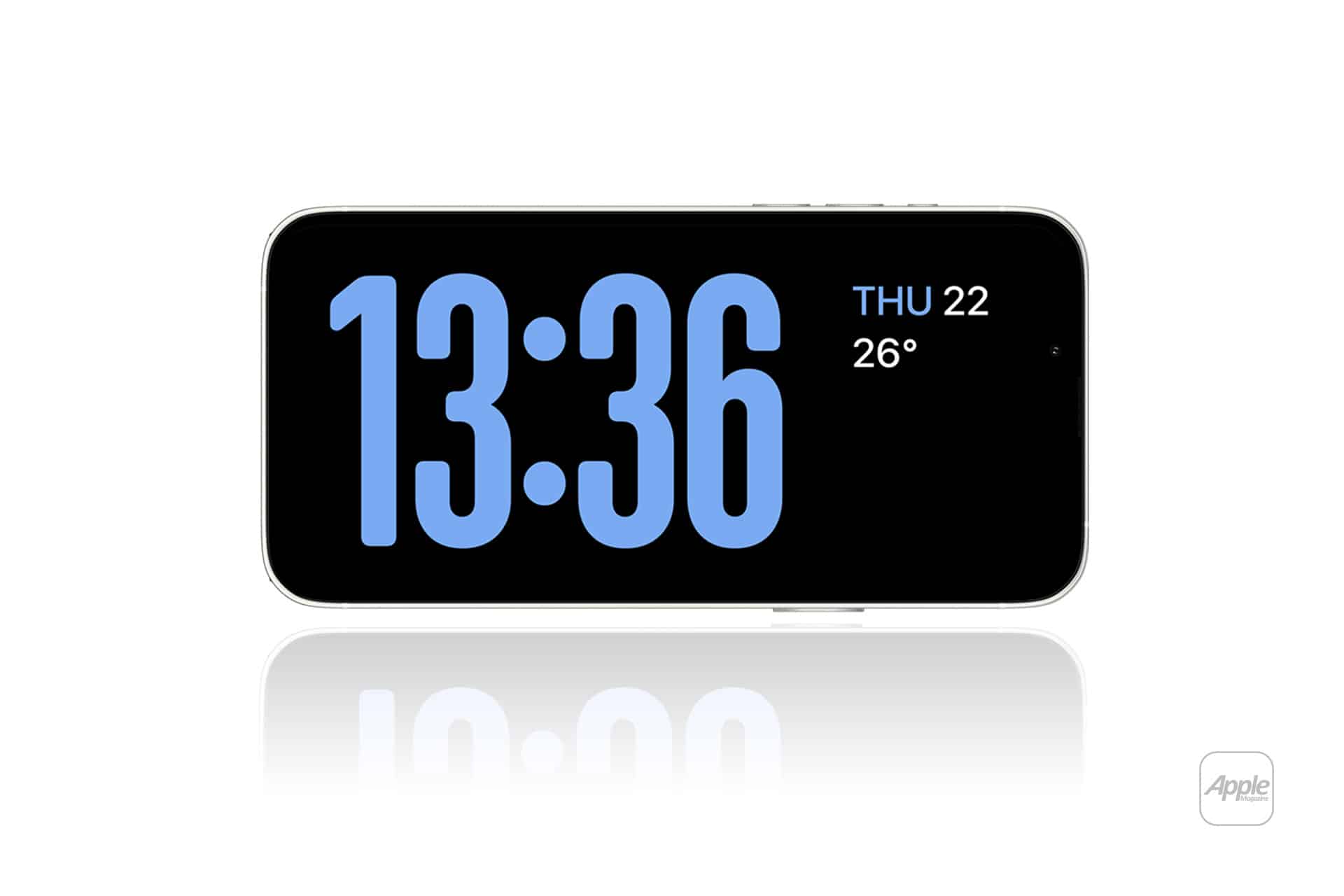 A smartphone in iPhone StandBy mode displays a digital clock showing 13:36 in large blue numbers, with the date "Thu 22" and temperature "26°" in white on a black background. An Apple logo appears in the bottom right corner.