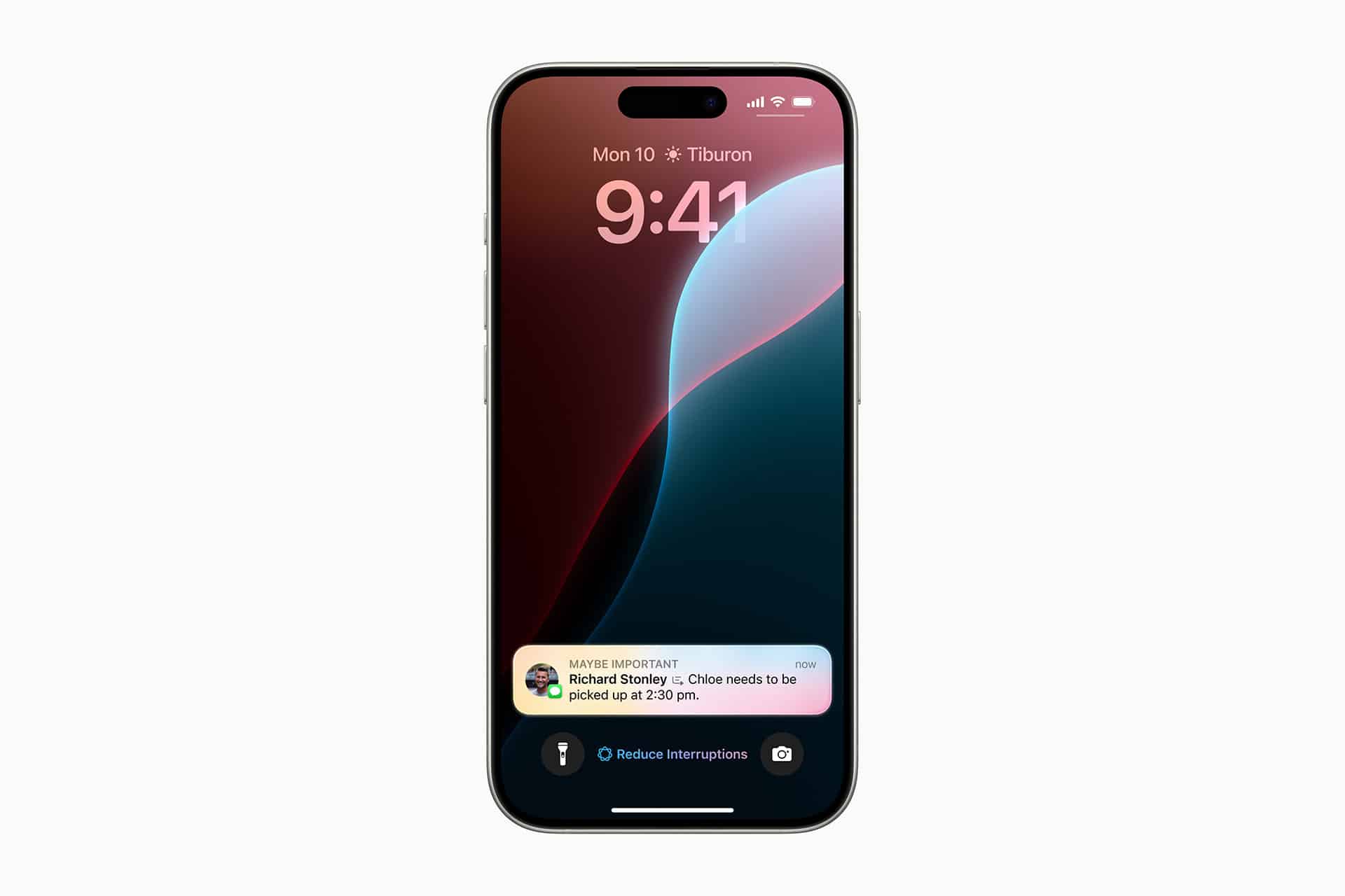 A smartphone displaying a lock screen with the time 9:41, date Monday 10, and location Tiburon. With iPhone Focus enabled, a “Reduce Interruptions” button sits above a notification: “Clinic needs to be picked up at 2:30 pm.”. - Apple AI