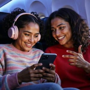 Two women sit together on an airplane. One wears pink headphones and a striped sweater, smiling while holding a phone using Starlink In Flight. The other, in a red sweater, points at the screen and smiles. They both look happy and engaged.