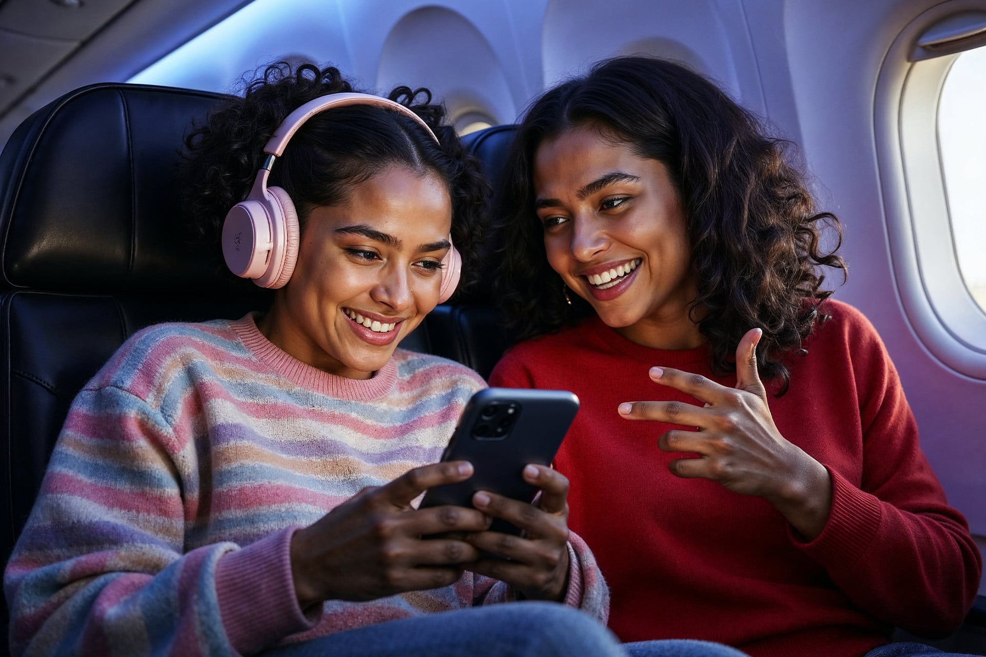Two women sit together on an airplane. One wears pink headphones and a striped sweater, smiling while holding a phone using Starlink In Flight. The other, in a red sweater, points at the screen and smiles. They both look happy and engaged.