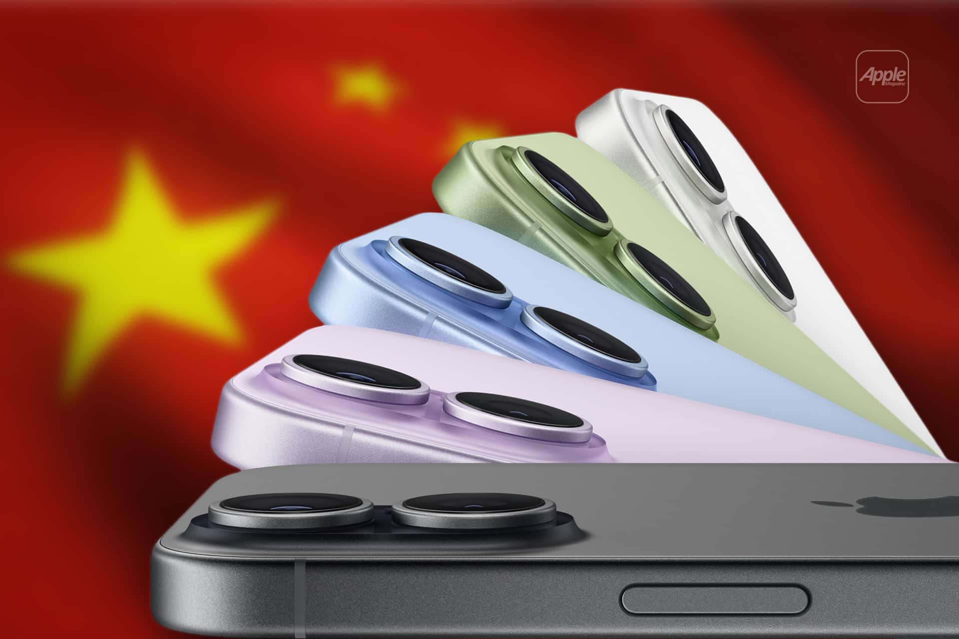 A row of iPhone 17 models in various colors is displayed in front of a blurred Chinese flag. The Apple logo appears in the corner, and the camera lenses on the iPhones are prominently shown.