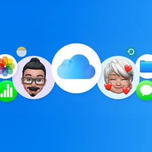 iCloud - A blue background with the iCloud logo in the center, surrounded by app icons such as Photos, Numbers, Messages, Mail, Files, and two smiling Memojis—one male and one female with hearts—showcasing iCloud’s connectivity.