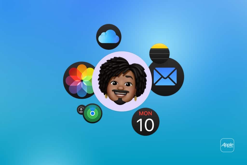 A smiling face emoji is centered on a blue gradient background, surrounded by icons for iCloud, Photos, Contacts, Mail, Calendar (Mon 10), and Music—highlighting seamless iPhone backup. The Apple logo appears in the bottom right corner. - icloud backup