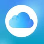 Blue iCloud logo with a cloud icon inside a white circle, set against a blue gradient background. The Apple logo appears in the bottom right corner, representing iPhone backup settings and Mac backup options.