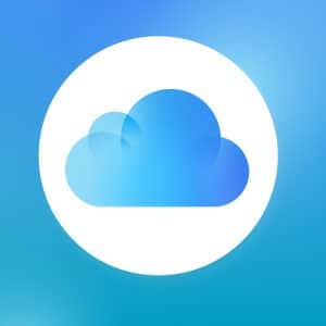 Blue iCloud logo with a cloud icon inside a white circle, set against a blue gradient background. The Apple logo appears in the bottom right corner, representing iPhone backup settings and Mac backup options.
