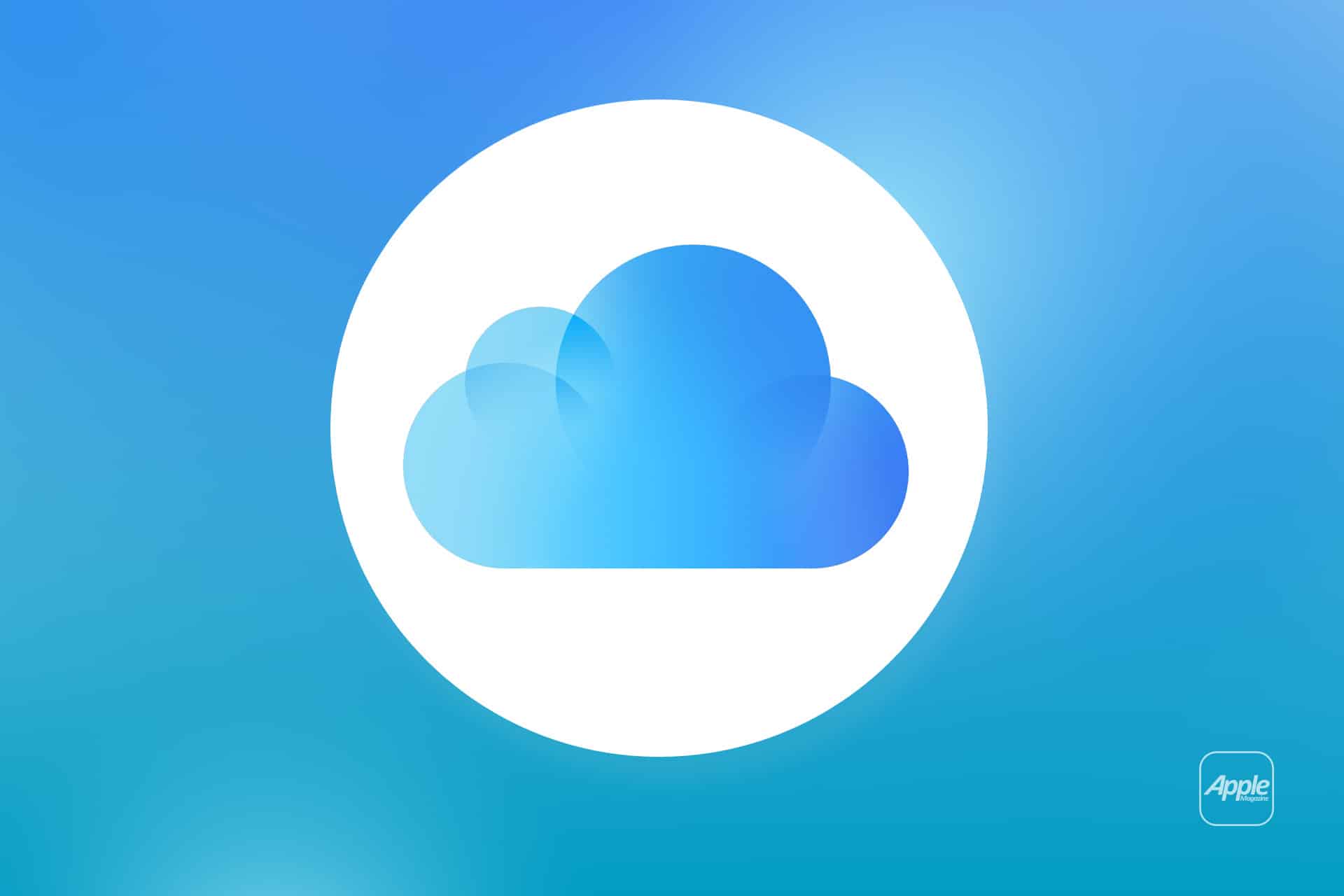 Blue iCloud logo with a cloud icon inside a white circle, set against a blue gradient background. The Apple logo appears in the bottom right corner, representing iPhone backup settings and Mac backup options.