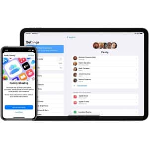 An iPhone and an iPad display Apple Family Sharing settings; the iPhone shows a Family Sharing introduction screen, while the iPad lists family members, shared features, and options like screen sharing among devices.