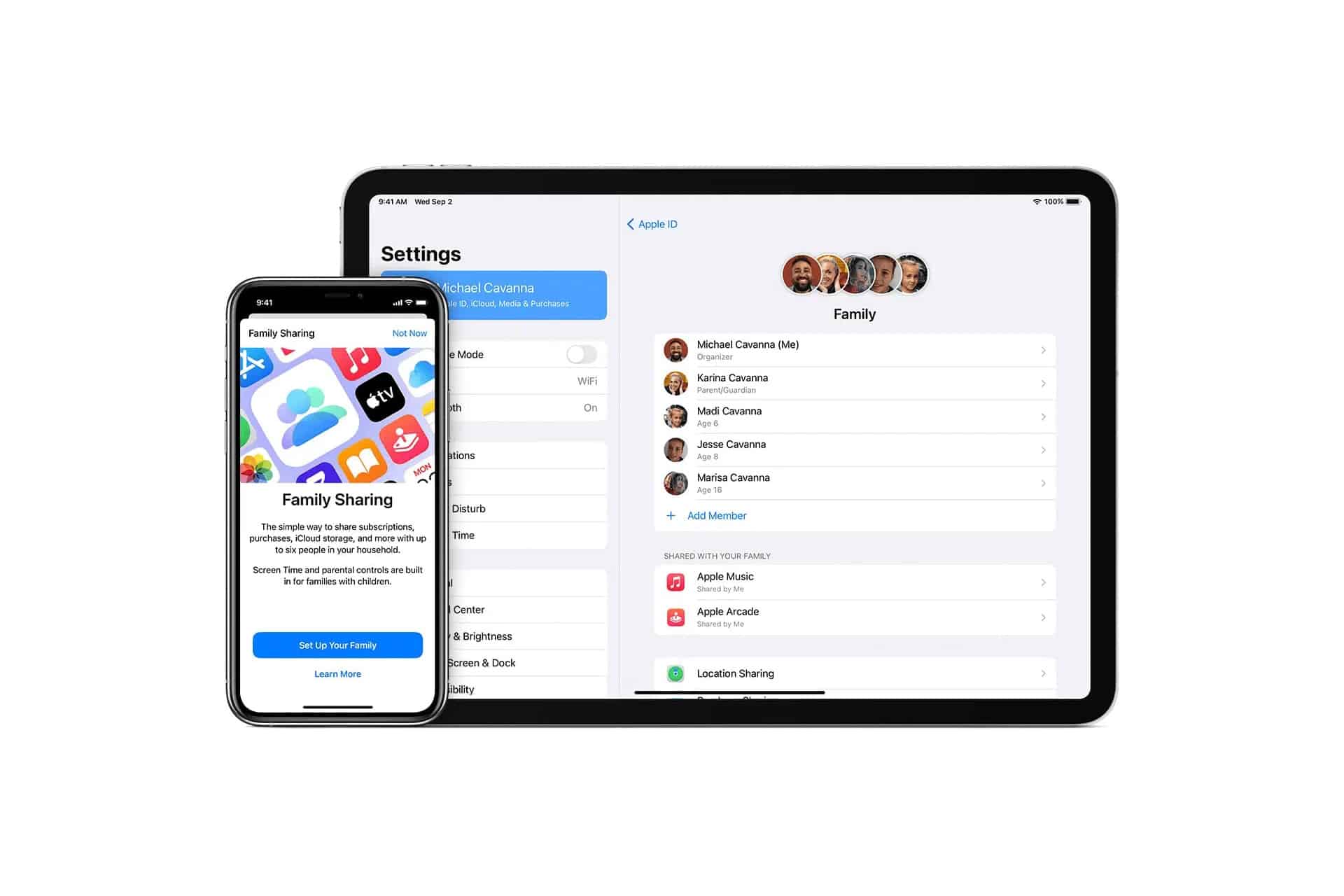 An iPhone and an iPad display Apple Family Sharing settings; the iPhone shows a Family Sharing introduction screen, while the iPad lists family members, shared features, and options like screen sharing among devices.