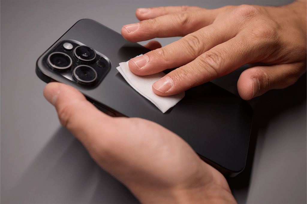 A person demonstrates screen cleaning basics for Apple devices by using a small white cloth to clean the back of a black smartphone, carefully wiping near the camera lenses.
