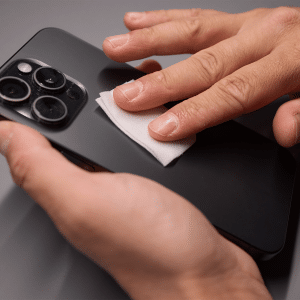 Close-up of a person performing an iPhone clean, wiping the back—especially the camera area—with a white cloth on a gray surface.