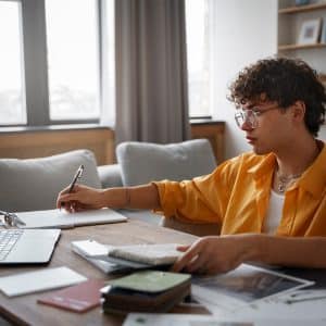 A young person with curly hair and glasses, wearing a yellow shirt, sits at a table with Study Focus, working on a laptop and taking notes on paper, surrounded by documents in a bright, modern living room.