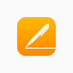 A white pen icon is centered on a rounded square with a yellow-orange gradient background, symbolizing writing or note-taking in iWork Pages, set against a plain white backdrop.