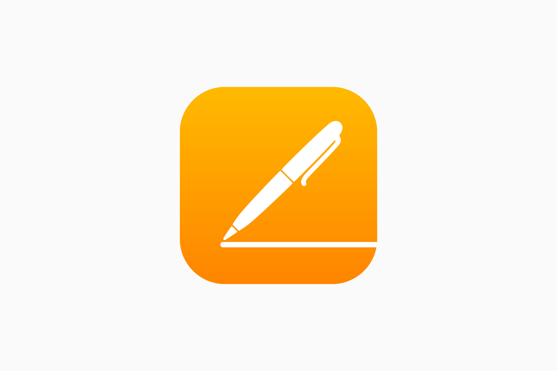 A white pen icon is centered on a rounded square with a yellow-orange gradient background, symbolizing writing or note-taking in iWork Pages, set against a plain white backdrop.