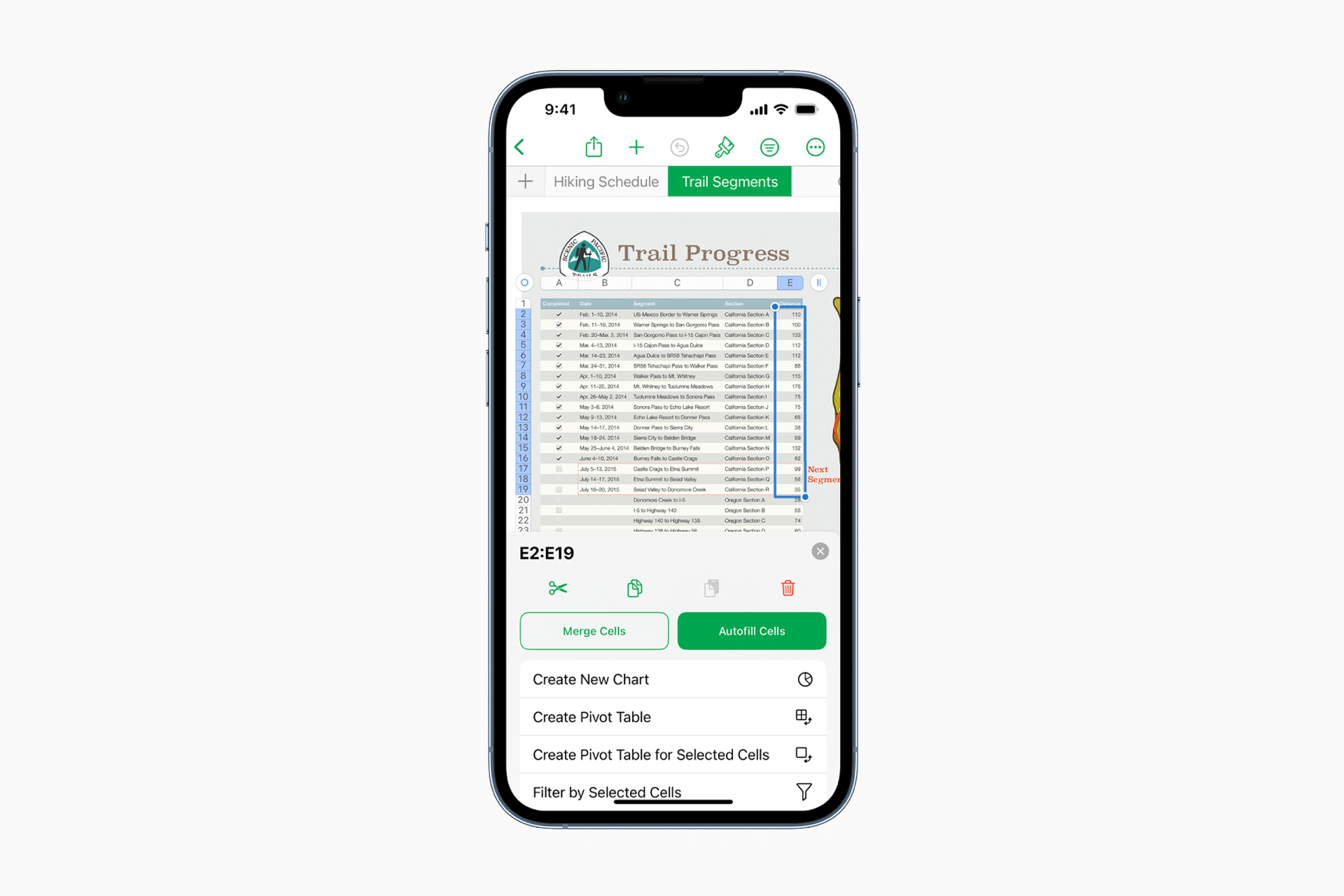 A smartphone displays the iWork Numbers app open to a "Trail Progress" sheet, showing lists and charts under the "Tail Segments" tab, with options like "Merge Cells," "Audit Cells," and "Create Pivot Table" visible.