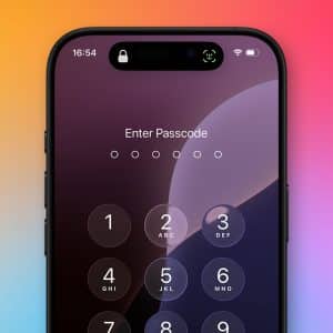 iPhone Password - A smartphone screen displays an iPhone passcode entry keypad with six dots, set against a gradient background. The time is 16:54, and the Apple logo appears in the bottom right corner.