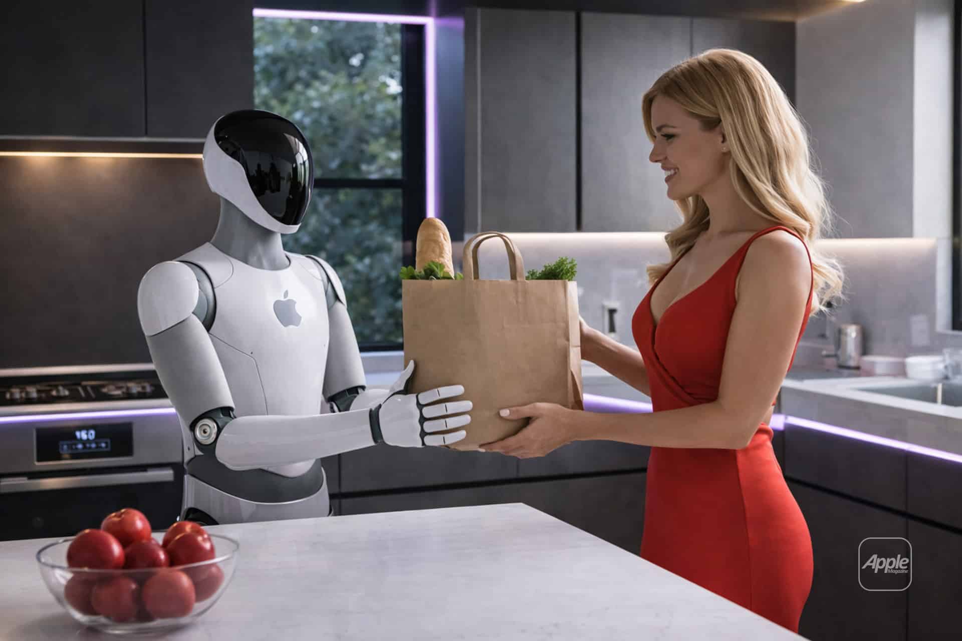 A smiling woman in a red dress hands a grocery bag to an Apple Robot in a modern kitchen. The sleek, white robot sports the Apple logo on its chest, while apples sit in a bowl on the counter.
