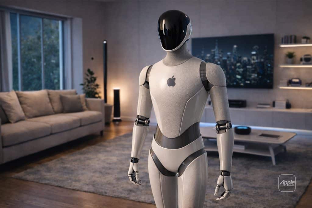 A sleek Apple Robot with a glossy black face and Apple logo stands in a modern, stylish living room with a large TV, couch, coffee table, and cityscape view through the window.