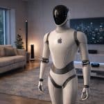 A sleek Apple Robot with a glossy black face and Apple logo stands in a modern, stylish living room with a large TV, couch, coffee table, and cityscape view through the window.
