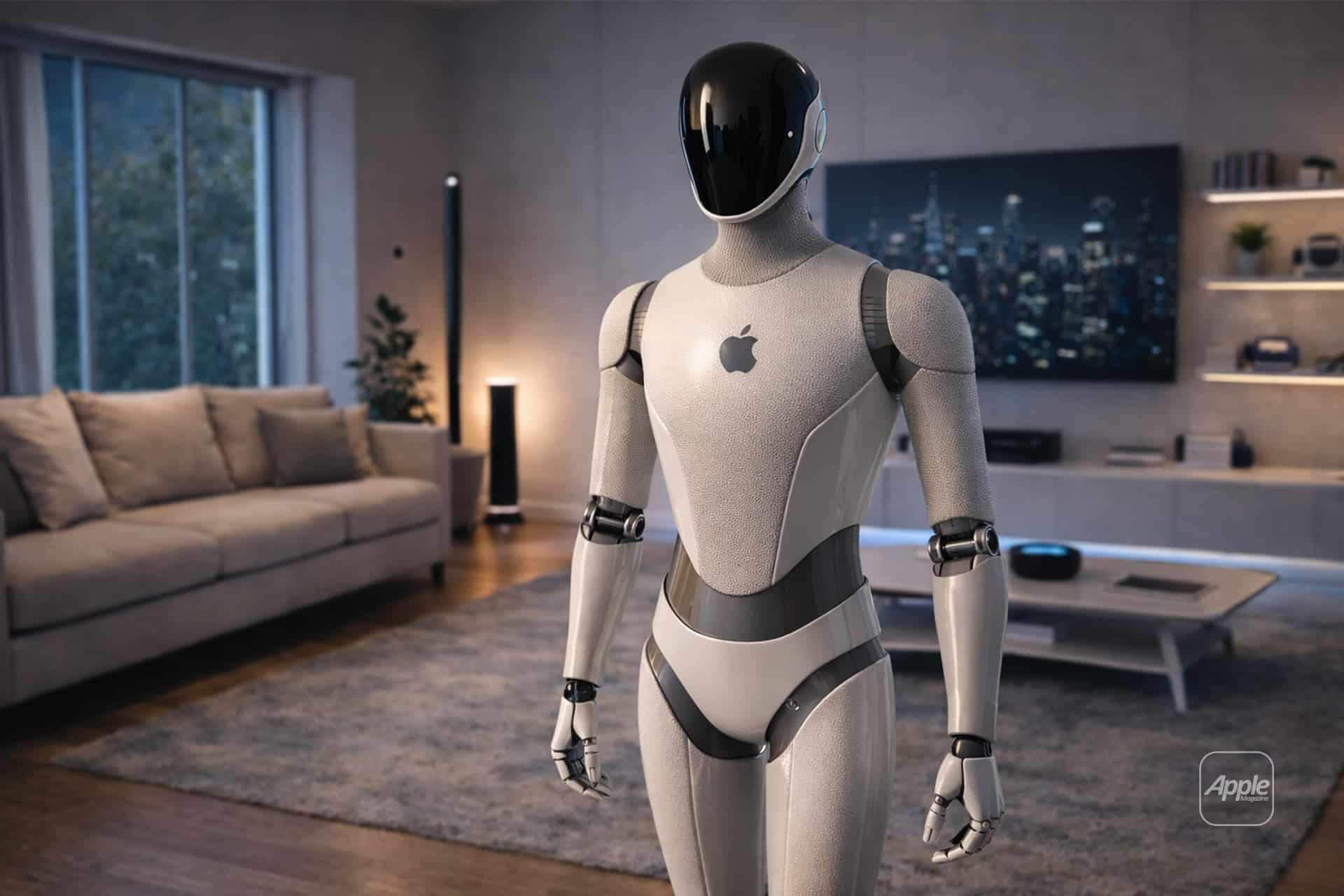 A sleek Apple Robot with a glossy black face and Apple logo stands in a modern, stylish living room with a large TV, couch, coffee table, and cityscape view through the window.