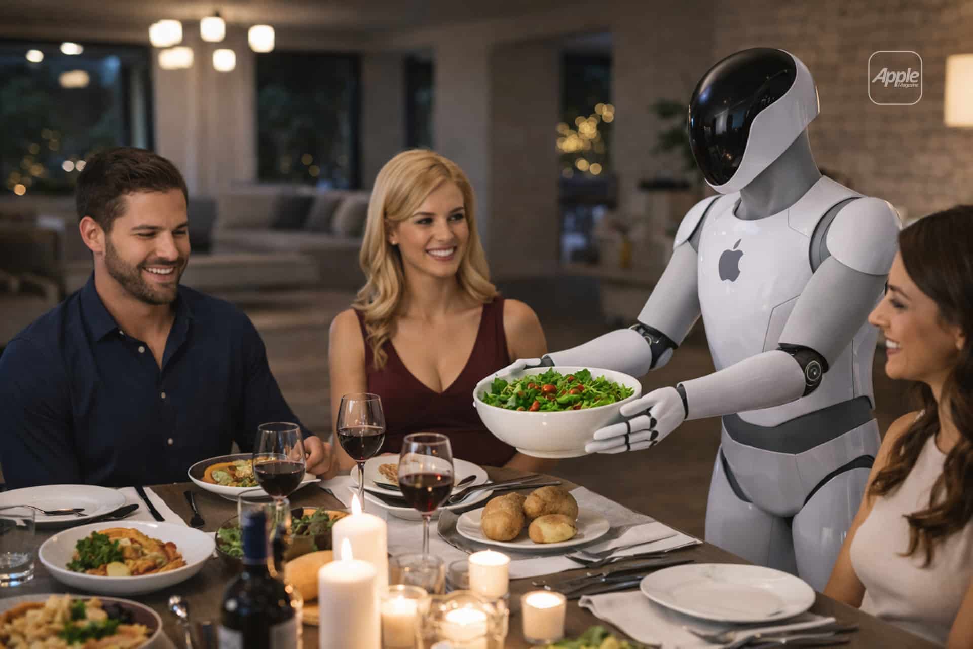 An Apple Robot with a sleek design serves salad to three smiling people seated at a candlelit dinner table in a modern home.