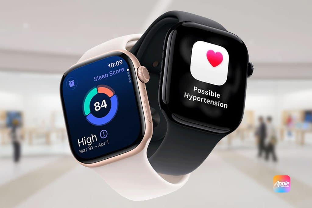Two Apple Watches are displayed in front of a blurred store background. One shows a sleep score of 84 and “High” quality; the other displays a Hypertension Notification and heart icon. The Apple logo appears in the corner.