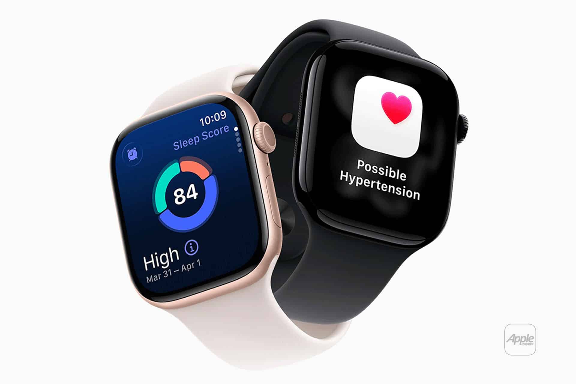 Two Apple Watches are shown; one with a white band displays a sleep score of 84, while the other with a black band features a Hypertension Notification on its rectangular screen.