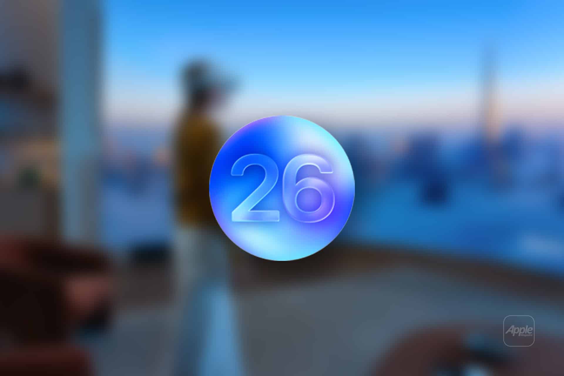 A metallic blue-purple circle with the number "26" is centered over a blurred background of a person wearing a headset in a modern, brightly lit room, subtly referencing visionOS 26 Beta. The Apple logo is faintly visible in the corner.