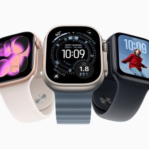Three smartwatches with different colored bands are displayed. Each screen shows something unique: abstract shapes, detailed weather data, and a child jumping on a blue sky background, capturing the spirit of Apple Watch fitness motivation.