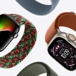 Two smartwatches with colorful loop bands are displayed on a white background; one features a black face with a minimal display and red-green band, while the other, perfect for pairing with an Apple Watch Band Skin Tone, shows a digital interface and an orange band.