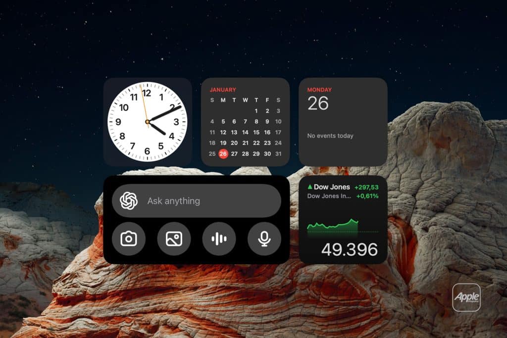 A digital dashboard with Mac Widgets displays a clock, January calendar, Monday the 26th, no events, a search bar, camera and microphone icons, Dow Jones info, and the number 49.396 over a rocky landscape at night.