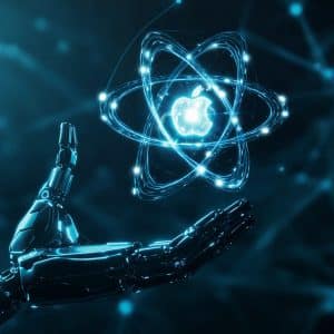 A robotic hand holds a glowing, futuristic atom structure with the Apple logo at its center, symbolizing the rise of Apple Intelligence in the AI industry, set against a dark digital background with network-like lines and an Apple logo in the lower-right corner.