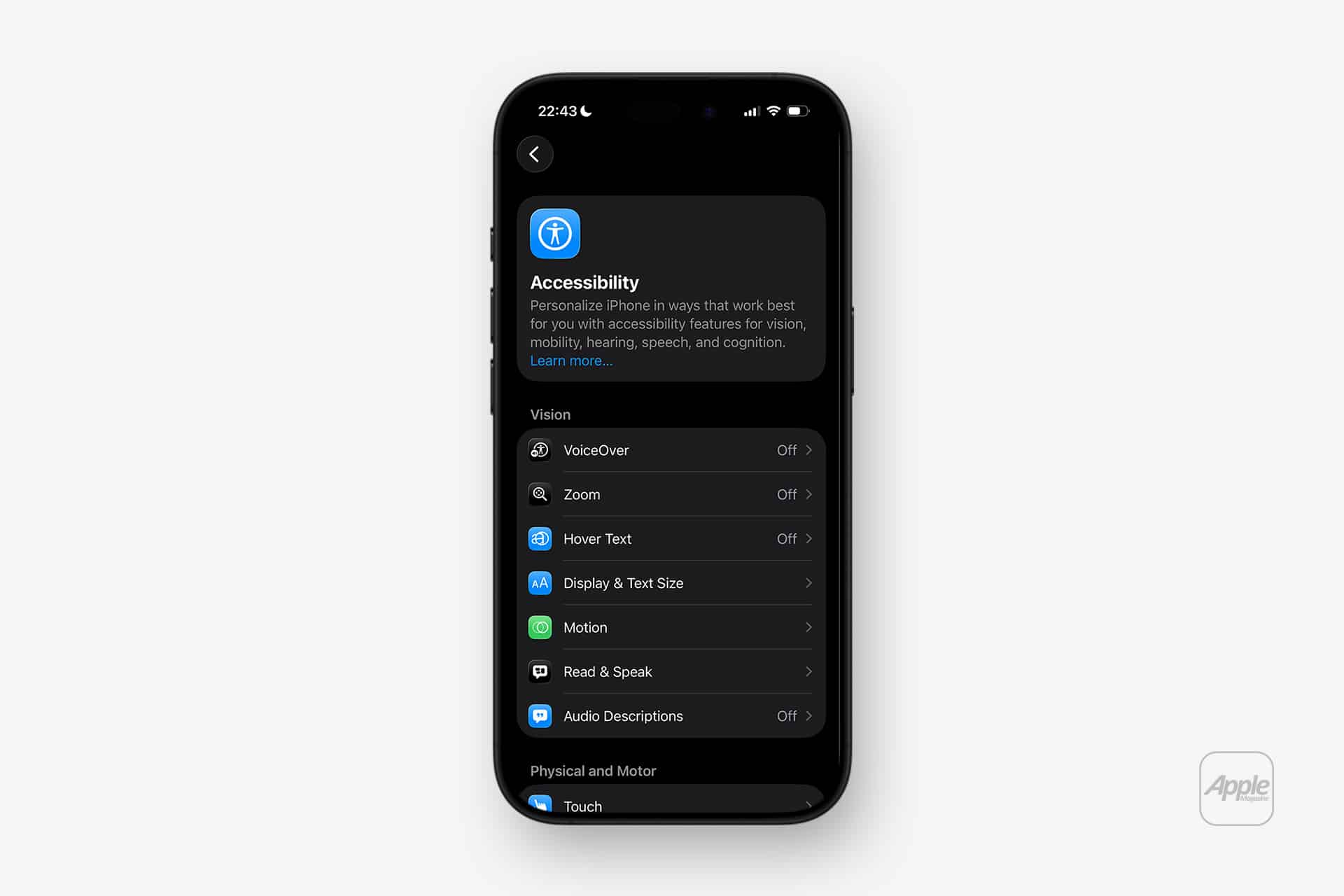An iPhone displays the Apple Accessibility settings menu in dark mode, with features like VoiceOver, Zoom, and Audio Descriptions—valuable tools for older adults—all currently set to off.