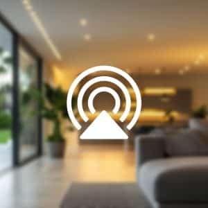 A modern living room with large windows overlooking a garden, softly lit with warm lighting. A white Apple AirPlay Multiroom icon is centered over the image, and an Apple logo appears in the lower right corner.