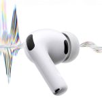 A white wireless earbud with a silicone tip floats in front of a white background, intersected by a colorful, stylized soundwave pattern—highlighting features like AirPods Conversation Boost.