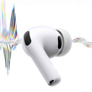 A white wireless earbud with a silicone tip floats in front of a white background, intersected by a colorful, stylized soundwave pattern—highlighting features like AirPods Conversation Boost.