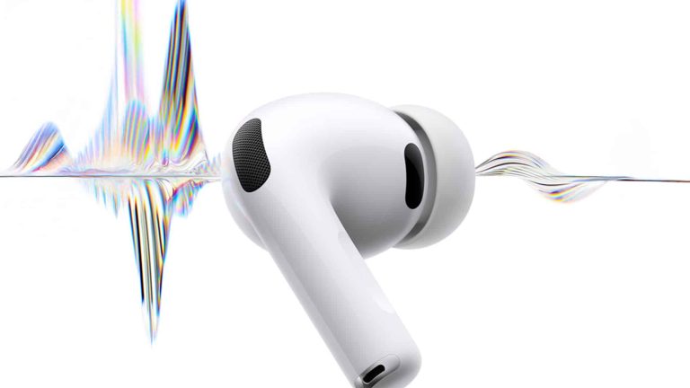 A white wireless earbud with a silicone tip floats in front of a white background, intersected by a colorful, stylized soundwave pattern—highlighting features like AirPods Conversation Boost.