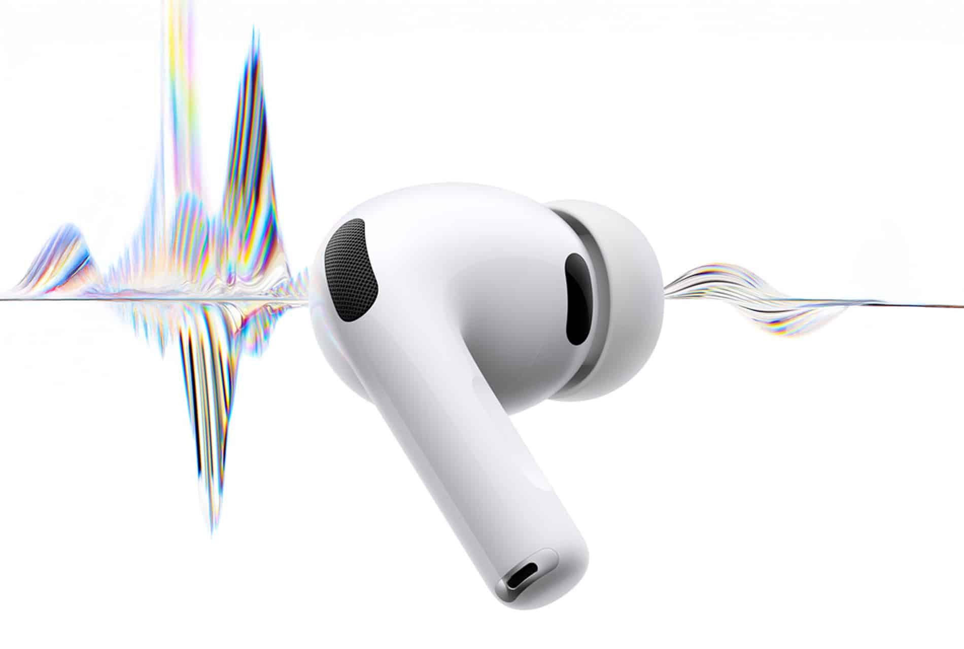 A white wireless earbud with a silicone tip floats in front of a white background, intersected by a colorful, stylized soundwave pattern—highlighting features like AirPods Conversation Boost.